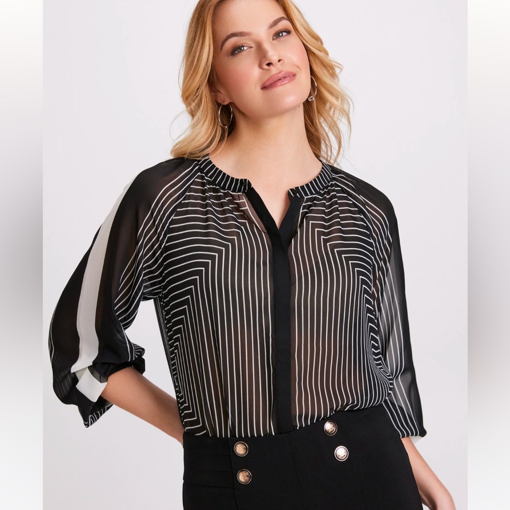 Laura Mixed Stripe Button-Down Sheer Blouse Black and White Pattern - Picture 3 of 13